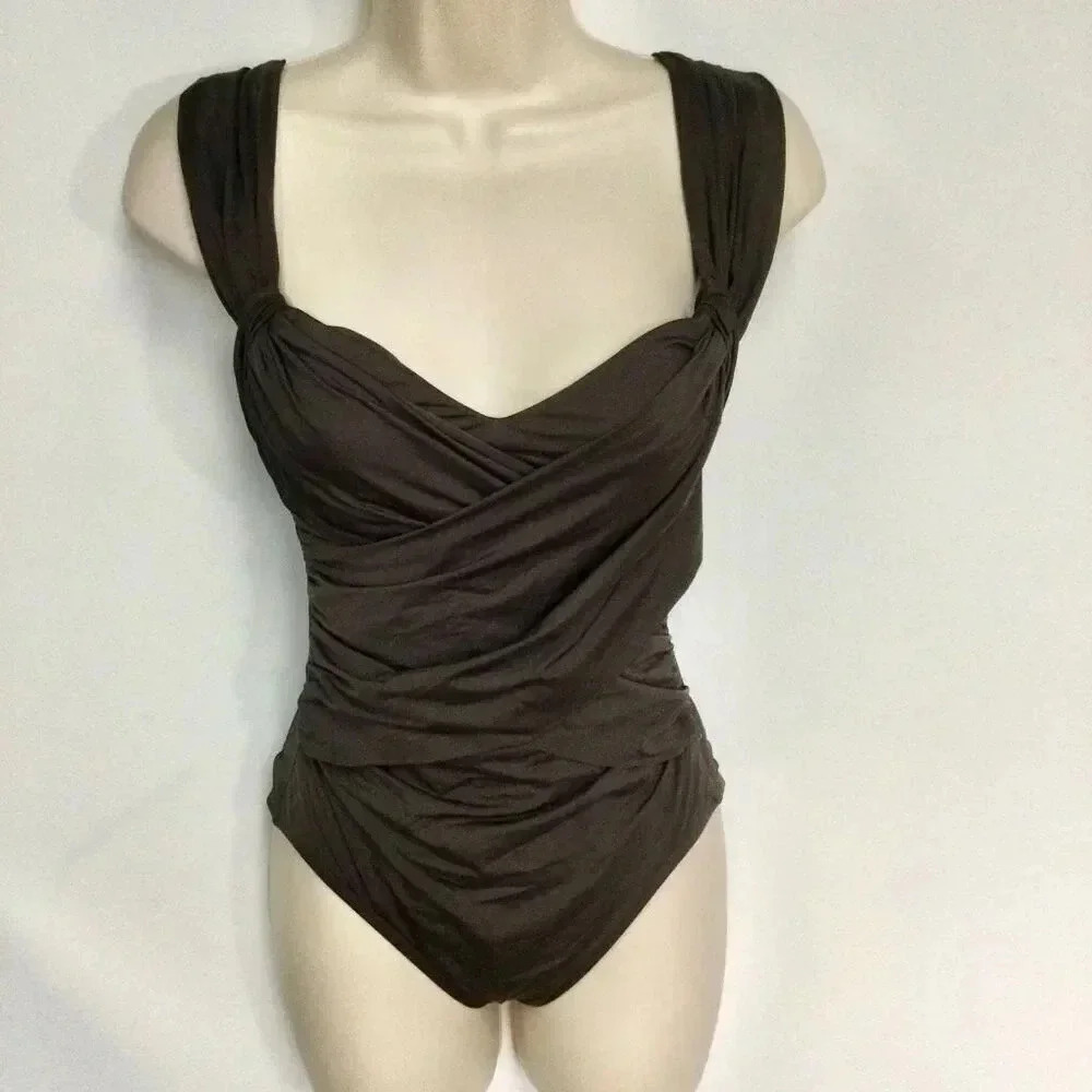 Badley Mischka Womens Dark Brown Ruched Front V Neck Swimsuit One Piece Small or